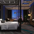 Luxury Hotel Room Interior Featuring Four Poster Bed White Bedding And Night View Window