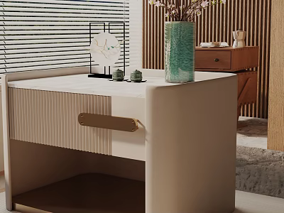 Modern Beige Side Table With Golden Handle Drawer Green Vase And Decorative Items 3d model