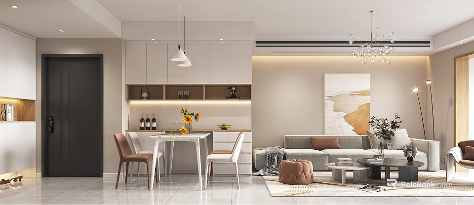 Modern Dining Living Room Interior With White Cabinets Sofa Dining Table Sunflowers And Pendant Lights 3d model 