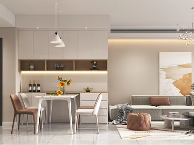 Modern Dining Living Room Interior With White Cabinets Sofa Dining Table Sunflowers And Pendant Lights 3d model