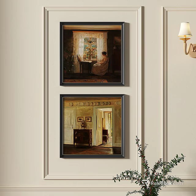 Two Oil Paintings Hanging On Beige Wall Interior 3d model
