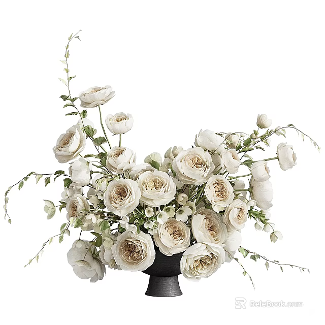 Elegant White Roses Arrangement in Black Vase with Green Leaves for Home Decor 3d model 