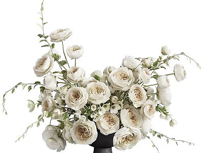 Elegant White Roses Arrangement in Black Vase with Green Leaves for Home Decor 3d model