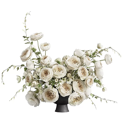 Elegant White Roses Arrangement in Black Vase with Green Leaves for Home Decor 3d model