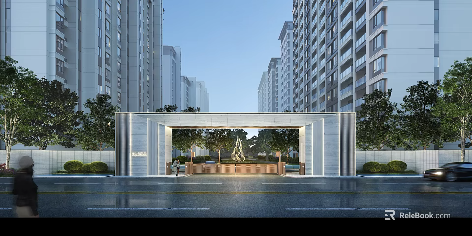 Modern Entrance Gate With Marble Structure And Greenery Near High-Rise Buildings 3d model 