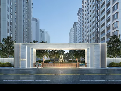 Modern Entrance Gate With Marble Structure And Greenery Near High-Rise Buildings 3d model