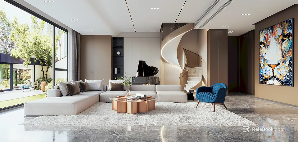 Modern Living Room With Large Sofa Blue Chair And Spiral Staircase 3d model 