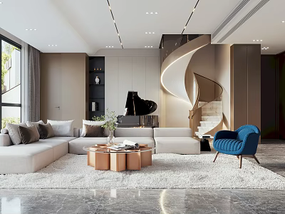 Modern Living Room With Large Sofa Blue Chair And Spiral Staircase 3d model