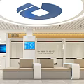 China Construction Bank Modern Interior With Circular Ceiling Blue Logo Counters Waiting Sofas Digital Screens 3d model