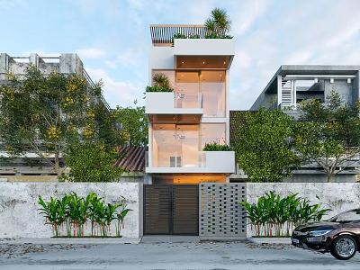 Modern Detached Villa Exterior Design With Roof Balcony Green Plants And Front Gate 3d model