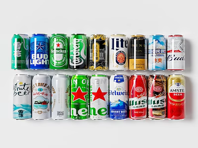 Assorted Beer Cans From Various Brands Displayed In Rows On White Background 3d model