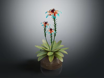 Indoor Plant With Lush Green Leaves And Colorful Flowers In Brown Ceramic Pot 3d model