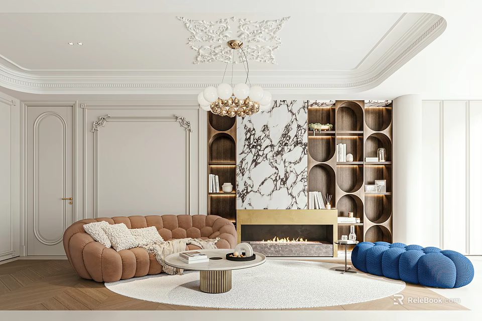 Elegant Living Room Featuring Brown Sofa Blue Bean Bag Chair Fireplace And Marble Accent Wall 3d model 