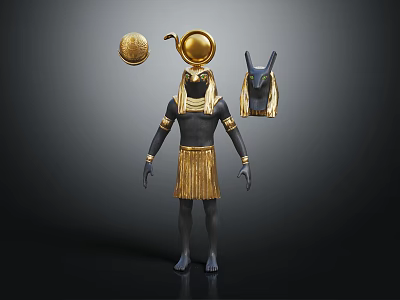 Ancient Egyptian Figure With Golden Sphere Horn And Anubis Headpiece Accessories 3d model