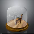 Camel Figurine Inside Glass Dome With Leafless Tree And Sandy Ground On Wooden Base