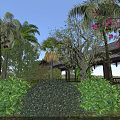 Lush Garden Landscape With Palm Trees Flowering Bushes And Traditional Wooden Pavilion