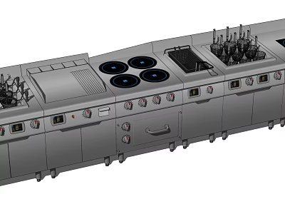 Commercial Kitchen Appliances in Stainless Steel with Multiple Burners Range Hood and Storage Cabinets 3d model