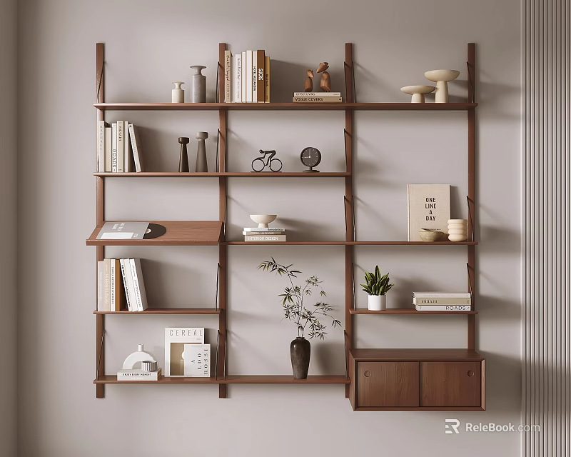 Modern Minimalist Wooden Bookshelf With Books Decorative Items Plants And Drawer Cabinet 3d model 