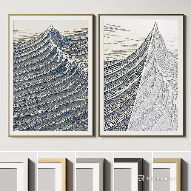 Two Panel Abstract Paintings With Wave Patterns And Lines For Modern Wall Decor 3d model