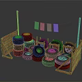 Stacked Car Tires In Wooden Frames With Colorful Cloth Pieces On Clothesline