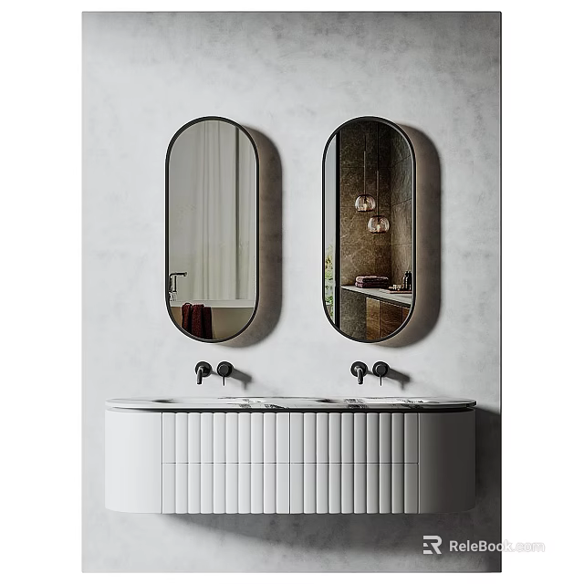 Bathroom Vanity With Double Sink Two Oval Mirrors And White Vertical Striped Design 3d model