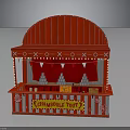 Red Kiosk With Arched Roof Decorative Patterns White Bunting Flags And Counter