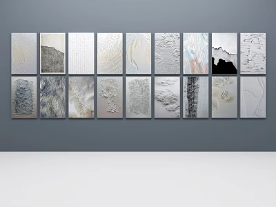 Modern Abstract Paintings Featuring Multiple Textured Panels On Gray Wall 3d model