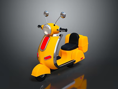 Yellow Retro Scooter Motorcycle With Black Seat Silver Mirrors And Red Accent Details 3d model