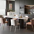 Modern Dining Table Set With Pink And White Chairs And City View Window