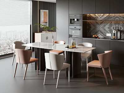 Modern Dining Table Set With Pink And White Chairs And City View Window 3d model
