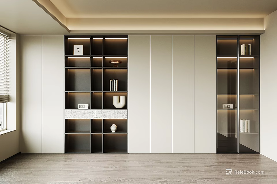 Modern Minimalist Full Wall Bookcase With Glass Cabinets Open Shelves And Built In Warm Lighting 3d model 