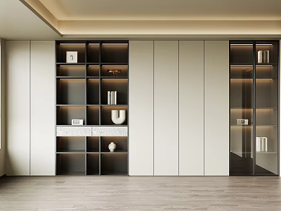 Modern Minimalist Full Wall Bookcase With Glass Cabinets Open Shelves And Built In Warm Lighting 3d model