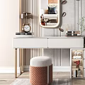 Elegant Modern Dressing Table With White Drawers Oval Mirror Green Plant Stool And Wall Clock