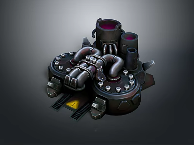 Industrial Mechanical Device Featuring Pipes Metal Components And Yellow Warning Sign 3d model