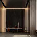 Modern Luxurious Foyer Design With Warm Lighting Dark Wall And Ornaments