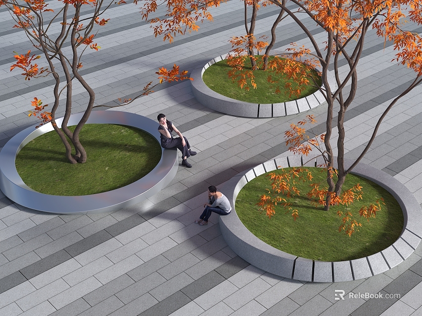 Circular Tree Planters With Orange Leaf Trees Grass And People Sitting On Paved Ground 3d model 