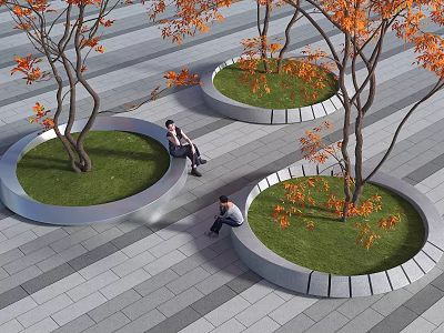 Circular Tree Planters With Orange Leaf Trees Grass And People Sitting On Paved Ground 3d model