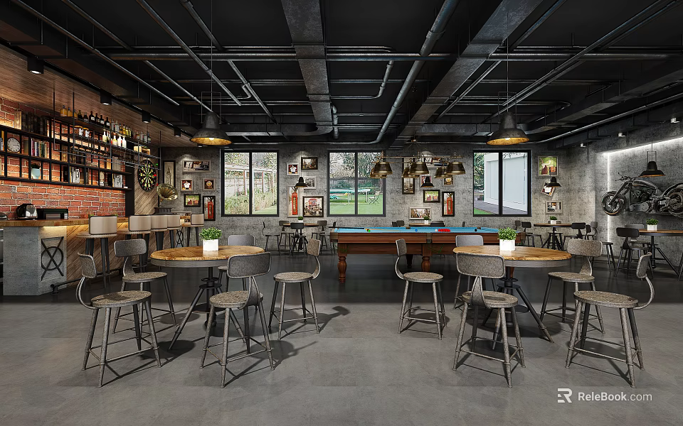 Industrial Modern Café Interior With Metal Tables Bar Counter And Pendant Lights 3d model 
