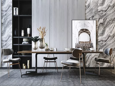 Modern Elegant Dining Table Set With Metal Leg Chairs Marble Wall Artwork And Black Shelves 3d model
