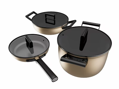 Stylish Gold and Black Cookware Set with Glass Lids and Black Handles 3d model