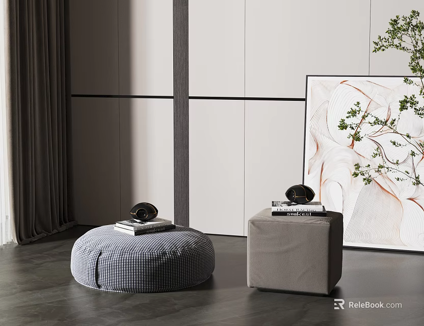 Round Striped And Square Gray Ottomans In Modern Interior With Books Decor And Plant Painting 3d model 