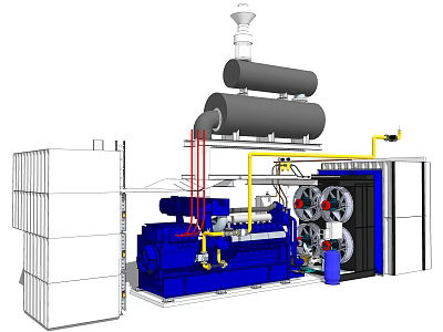 Industrial Equipment Setup With Blue Generator Gray Storage Tanks Exhaust Stack And Piping System 3d model