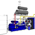 Industrial Equipment Setup With Blue Generator Gray Storage Tanks Exhaust Stack And Piping System