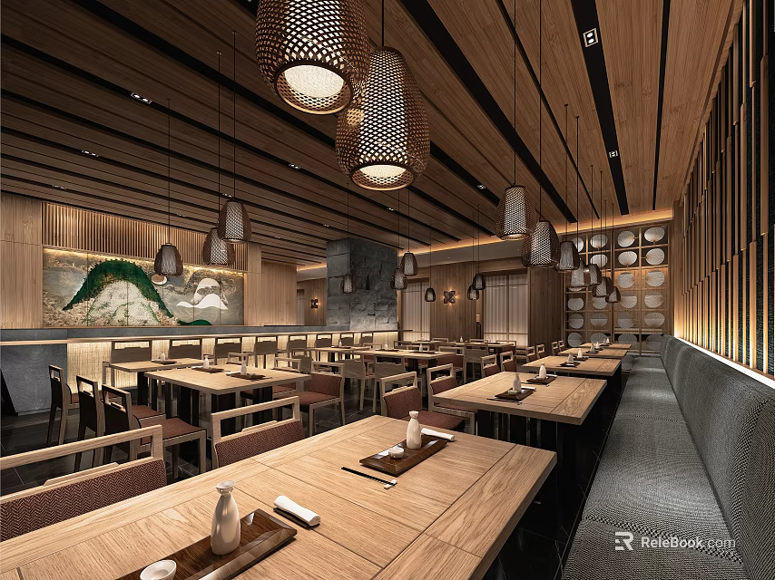 Modern Japanese Restaurant Interior Featuring Wooden Ceiling Pendant Lights Long Wooden Tables And Bench Seats 3d model 