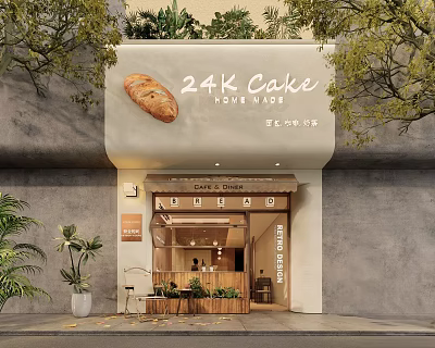 24K Cake Dessert Shop Storefront With Green Plants And Love Cake Signage 3d model
