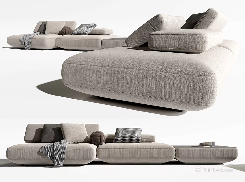Modern Light Colored Sectional Sofa with Upholstered Fabric Decorative Pillows and Throw Blanket 3d model 