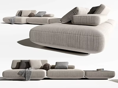 Modern Light Colored Sectional Sofa with Upholstered Fabric Decorative Pillows and Throw Blanket 3d model