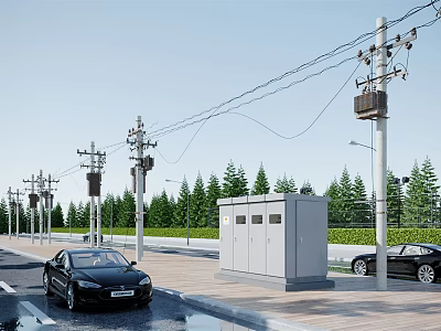Road Facilities With Utility Poles Power Lines Street Lights Electrical Cabinets Trees And Cars 3d model