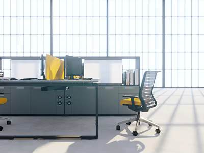 Modern Office Desk in Open Workspace with Computer Yellow Chair and Storage Cabinets 3d model