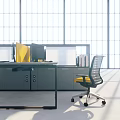 Modern Office Desk in Open Workspace with Computer Yellow Chair and Storage Cabinets